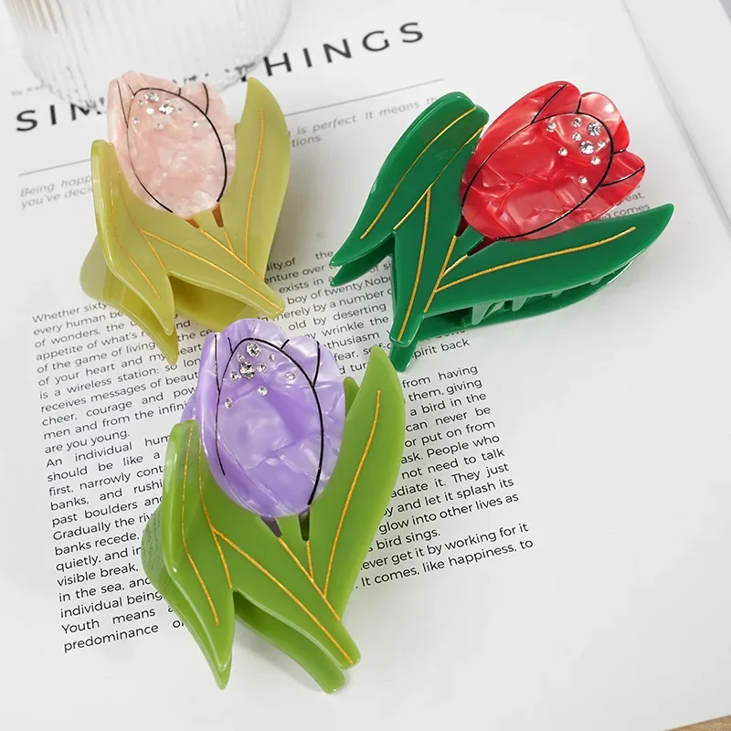 

DuoShang New Sweet Rhinestone Tulip Acetate Hair Claw Flower Claw Clip Crab Hair Clip for Women Girls Headwear Hair Accessories