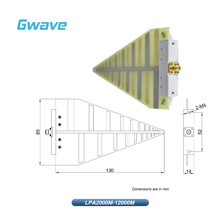 Antena log-periodyczna o bardzo szerokim zakresie pasmowym, zysk 6dBi, zakres częstotliwości od 2 GHz do 12 GHz, antena RF