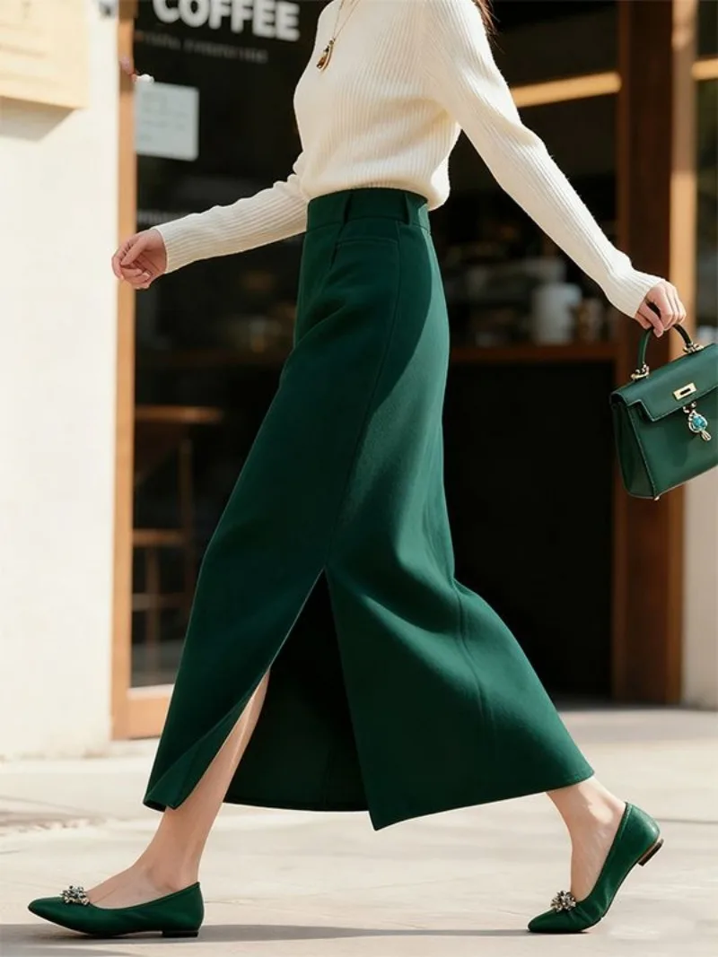 New Retro Green Midi Skirt Women Fashion High End Elegant Slim Split Straight Solid Color Autumn Winter Skirts Office Lady Jupe