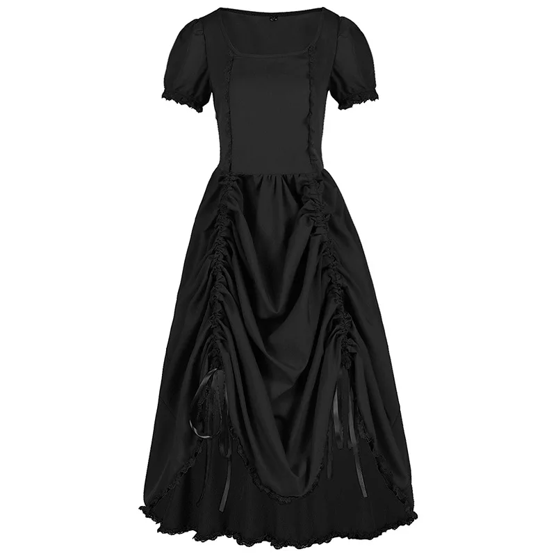 Female Steampunk Gothic Drawstring Dress Cosplay Costume Medieval Retro Holiday Party Short Sleeve Dress Role Playing S-2XL