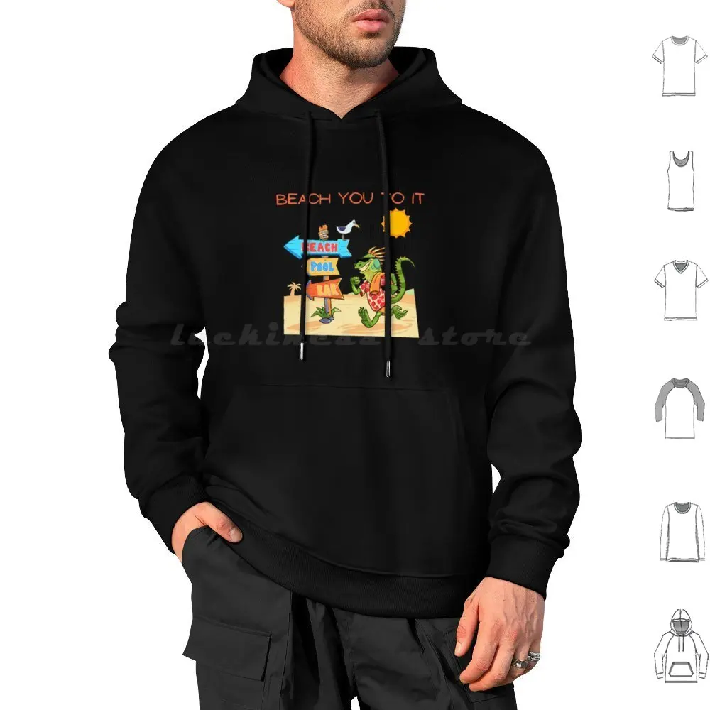 Beach You To It-Running Iguana Hoodie cotton Long Sleeve Beach You To It Sun Fun Beach Iguana Relaxation Pool Drinks Palm