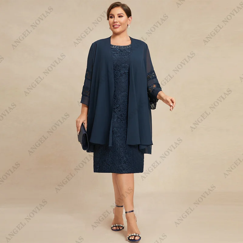 Robes de mère de mariée avec veste, longueur genou personnalisée, grande taille, bleu marine, robe de soirée formelle, mariage, nouveau, 2025