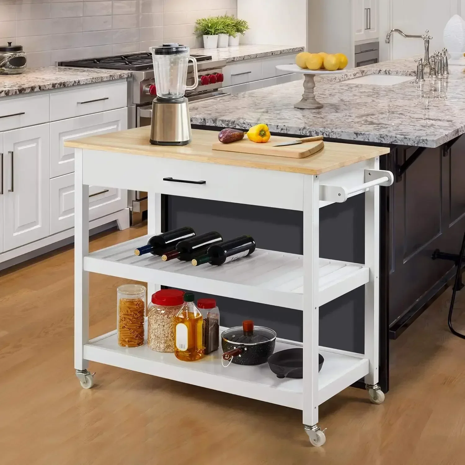 

40" Width Kitchen Island Cart on Wheels, 3 Tiers Rolling Utility Cart with Solid Wood Top,Serving Trolley for Dining Room,White