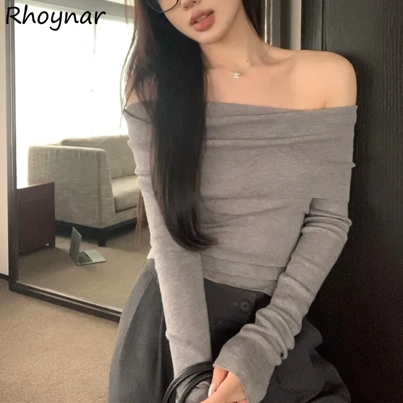 

Off Shoulder Pullovers Women Spring Girls Elegant Korean Style Slim Designed Solid Simple Pleated All-match Causal Popular Chic