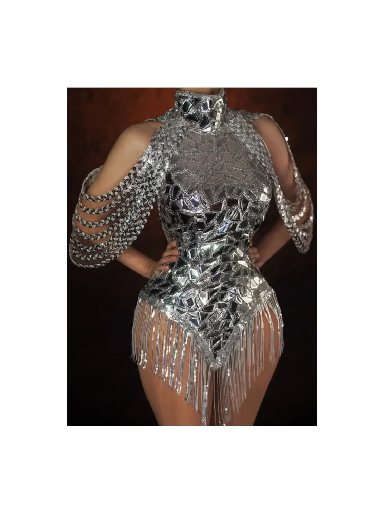 Singer Stage Wear Sparkly Silver Sequins Leotard Bling Sexy Dance Fringes Bodysuit Costume Birthday Celebrate Outfit