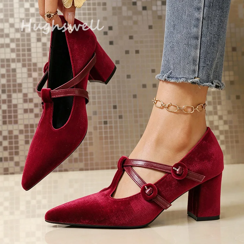 Elegant Red Velvet Mary Jane Pumps Woman Pointed Toe High Heel Velour Zapatos Ladies Cross T-Strap Design Evening  Dress Shoes