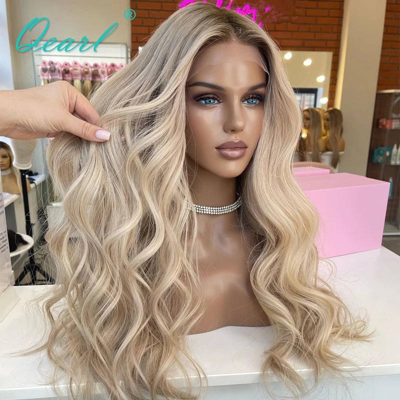 

Brazilian Virgin Wavy Human Hair Wigs Sale for Women 13x6 Lace Frontal Wig Warm Ash Blonde Highlights Pre Plucked Glueless Qearl