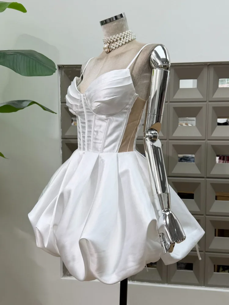 DFDG Vestido con corsé de algodón satinado elegante Pure Desire para primavera y verano 2025, vestido con tirantes finos con volantes y cintura atada