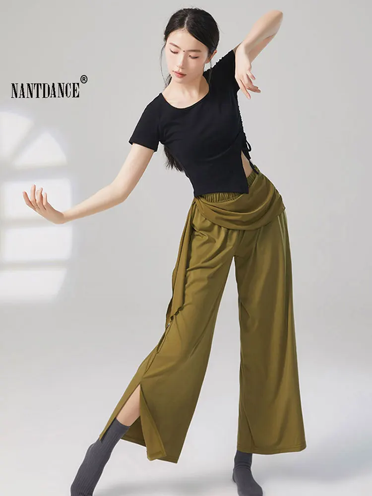 Chinese Skirt Pant Practice Dancing Clothes for Women Chiffon Wide Leg Culotte Flowy Belt Modern Folk National Dancer Costume