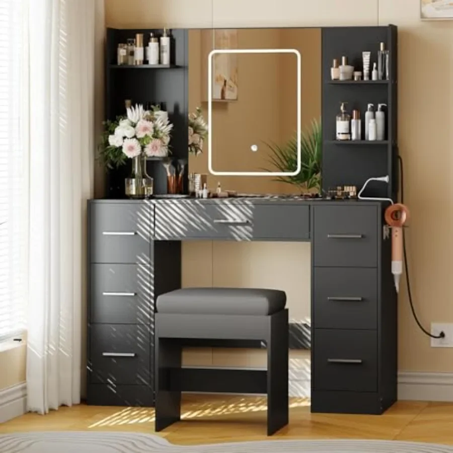 Bedroom makeup vanity with mirror and chair, MDF wood, white, 7 drawers, power outlet, hairdryer holder, 3 adjustable lighting