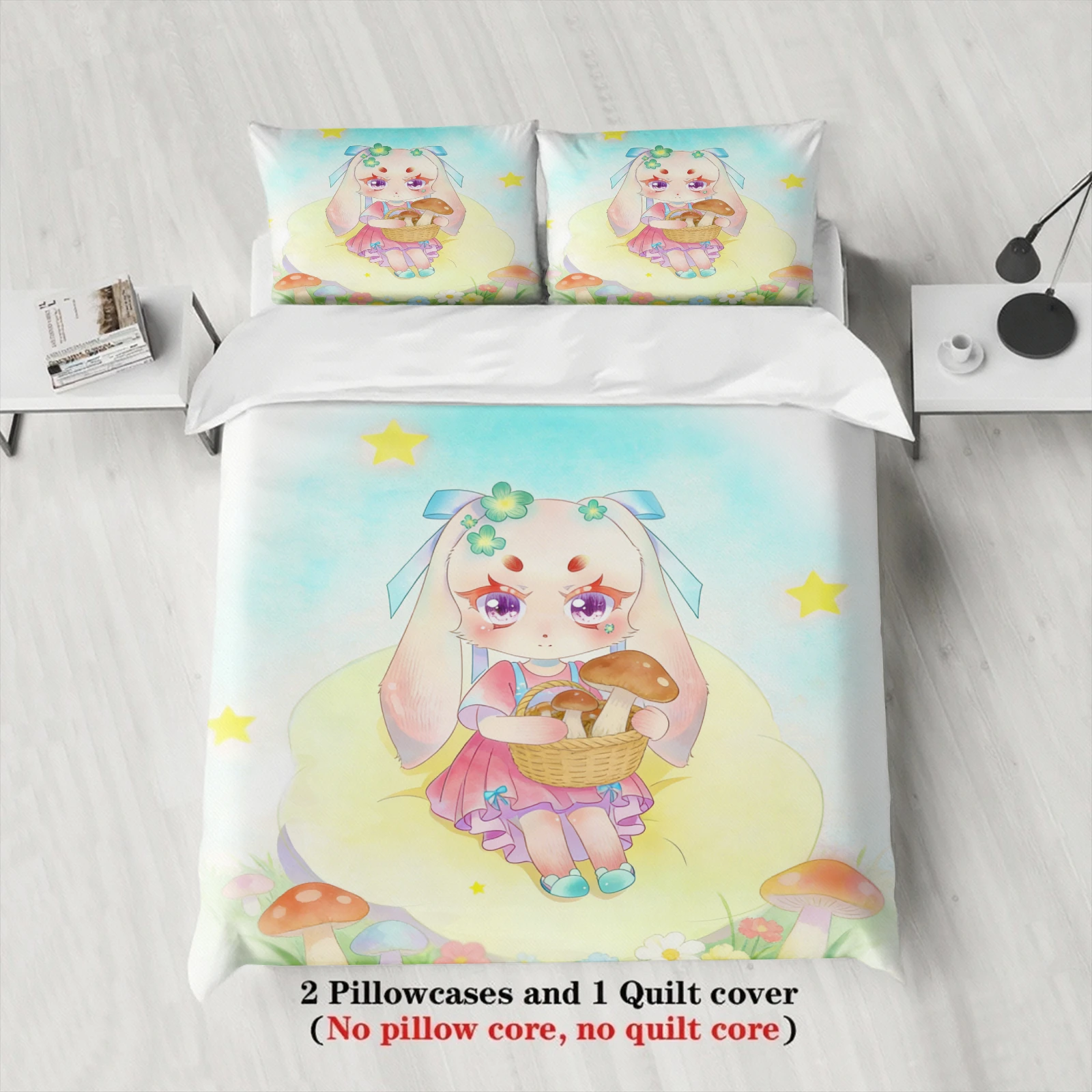 Softville Cozy Town 3PCS Bedding Sets Lop Rabbit Picking Mushroom Pinted Duvet Cover No filling Cartoon Style Queen King Size