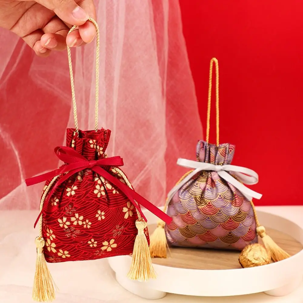 

Sakura Floral Canvas Flower Drawstring Bag Stripe Lucky Cat Ribbon Bow Wrist Bag Bucket Bag Large Capacity
