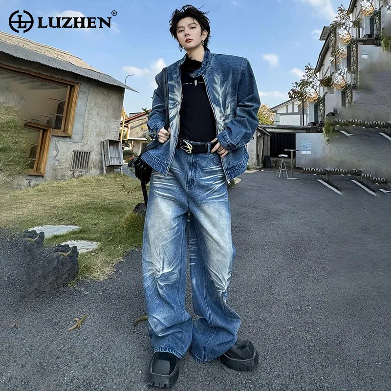 

LUZHEN Fashion Tie-dyed Pattern Denim Jacket Sets Trendy Street Handsome Men's Jeans Two Piece Vintage Casual Clothing LZ5303