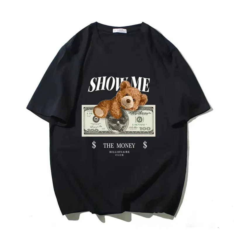 

2023 New Men's Cartoon Bear USD Print 100% Cotton T-shirt High Quality Short Sleeved Shirt Street Fitness ClothingCX