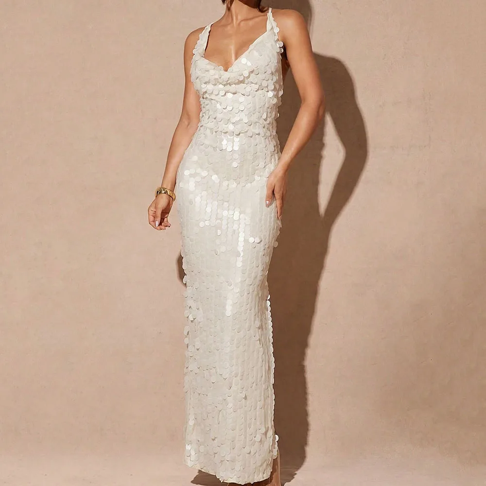

Customized Straight Evening Dresses Ankle-length Spaghetti Strap Sleeveless Prom Gown Fashion Sequined Backless Party Gown