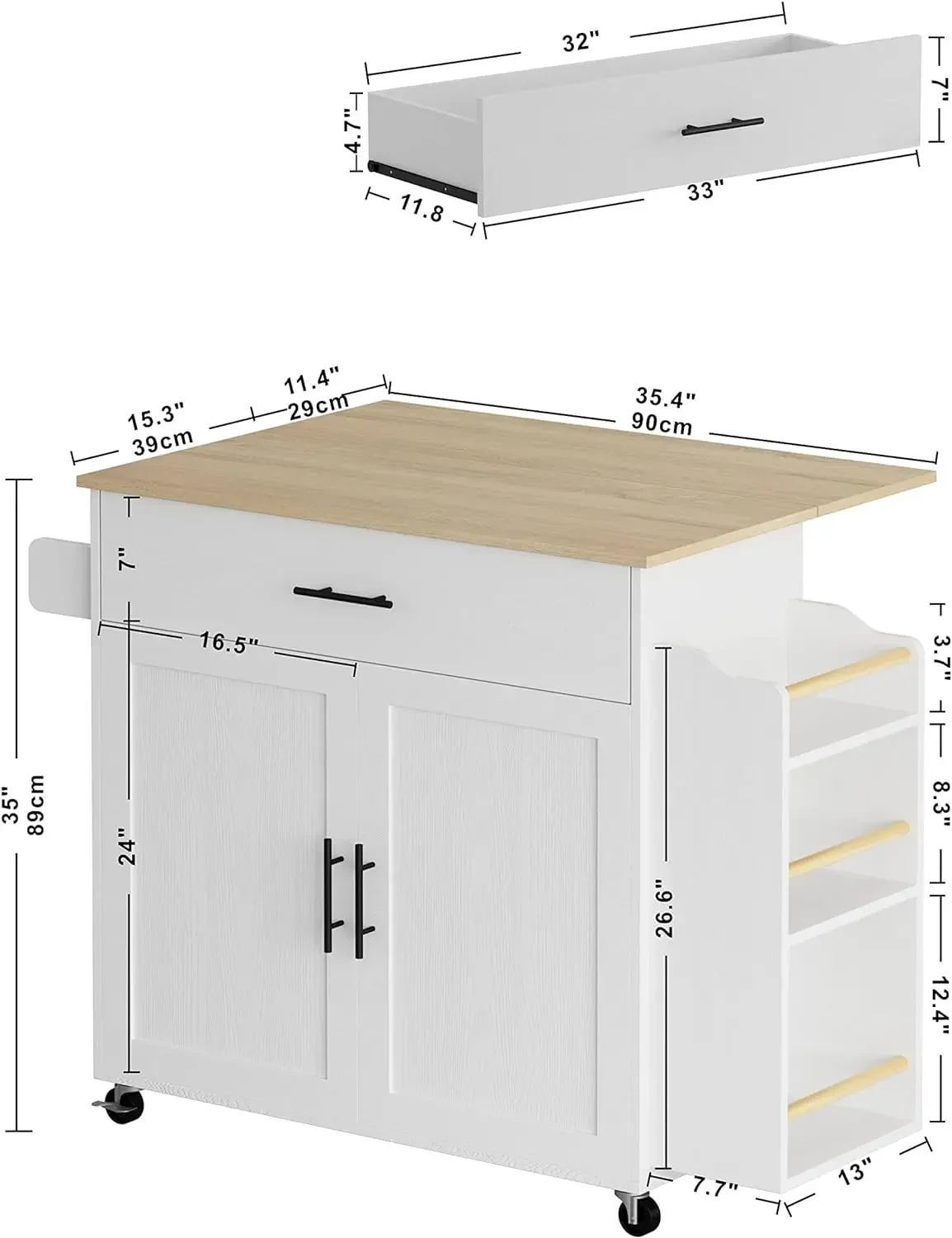 # لجزيرة المطبخ مع مساحة تخزين، جزيرة المطبخ المتداول على عجلات مع أوراق قطرة، 3 أرفف توابل مفتوحة، خزانة باب، دراي*