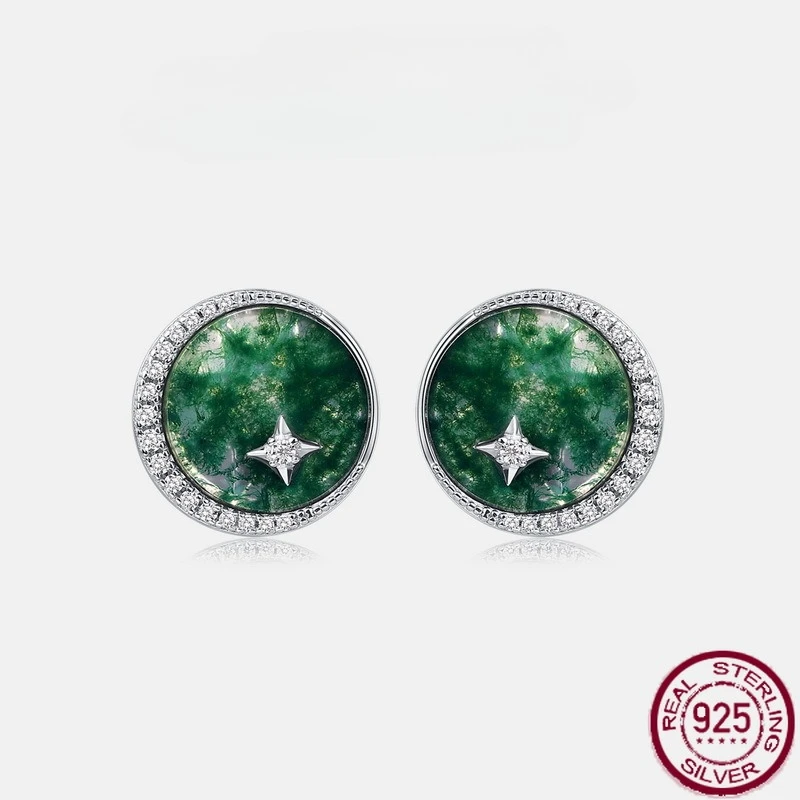 

New S925 pure silver natural water grass agate earrings, green moss stone earrings, simple and fashionable wedding jewelry