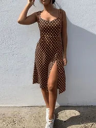 Dresses Sundress Summer Women Causal Polka Dot Sleeveless High Pleated elastic waist V-Neck Beach Dress Vestidos De Verano