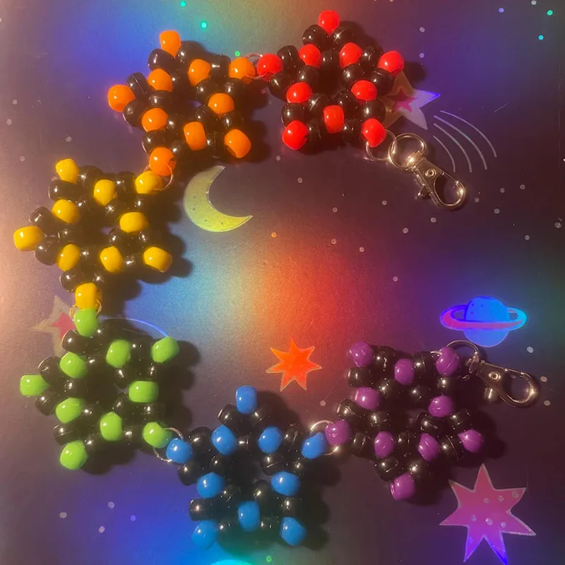 Handmade Punk Kandi Star Beaded Belt Chain - Iridescent Rave Festival Gothic Edgy Y2K Outfit Accessory for Party Concert