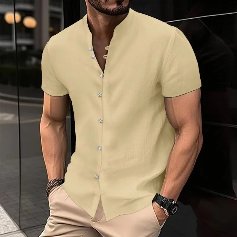 Men\'s Solid Color Cotton Linen Short Sleeve Shirts Vacation Beach Summer Tops with Pocket Casual Lightweight Button Shirts