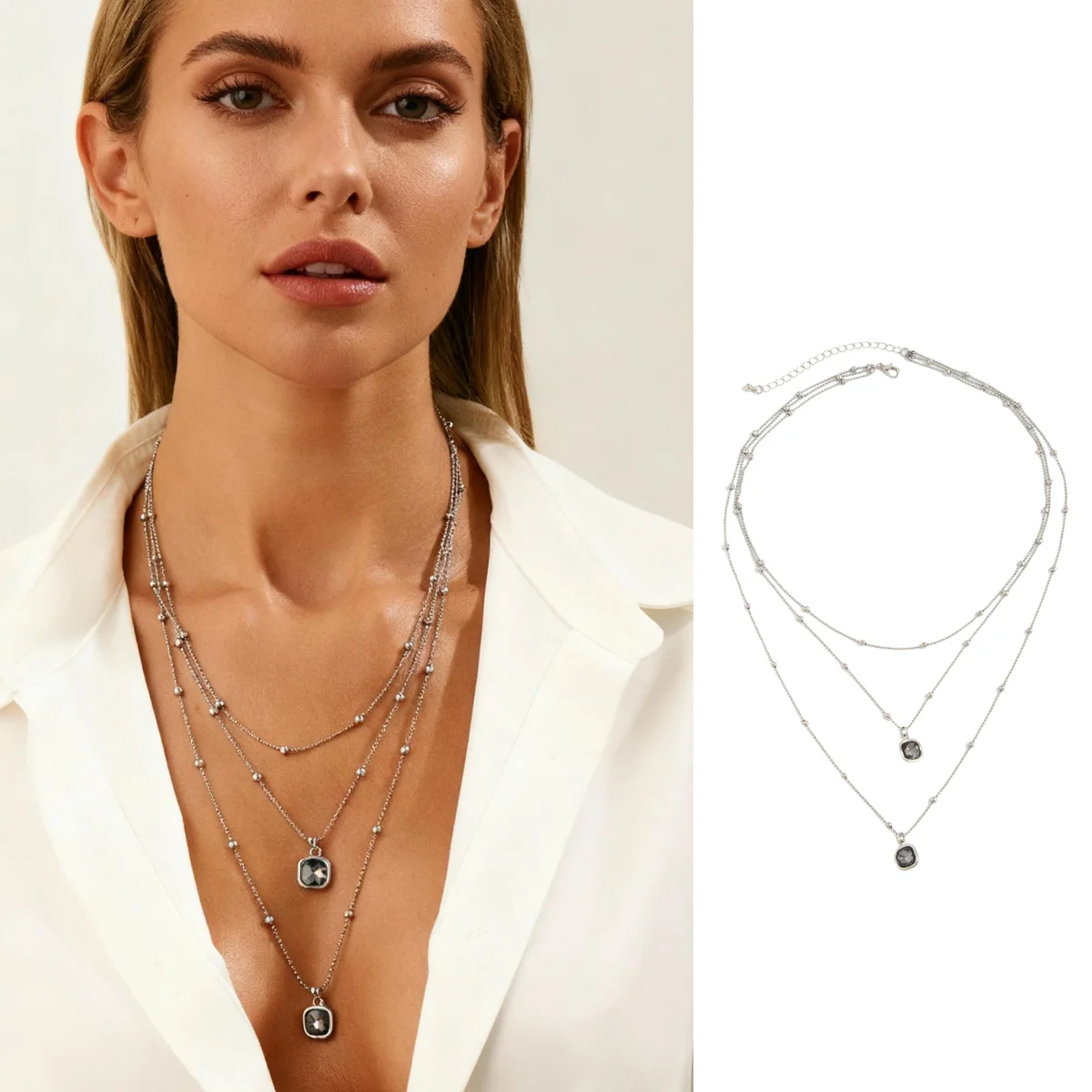 

Fashionable multi-layer shiny black acrylic drill pendant necklace, vintage creative banquet party charm jewelry gift