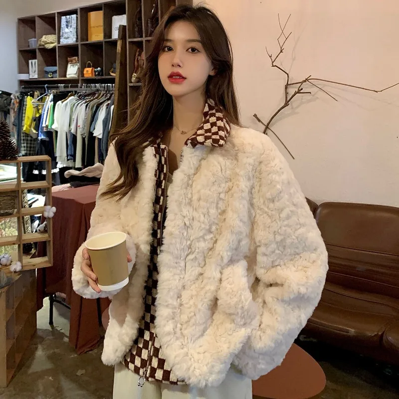 

2023 Winter New Women Fake Two Pieces Lamb Wool Coat Female Thickened Korean Style Fashion Stitching Casual Faux Fur Outwear