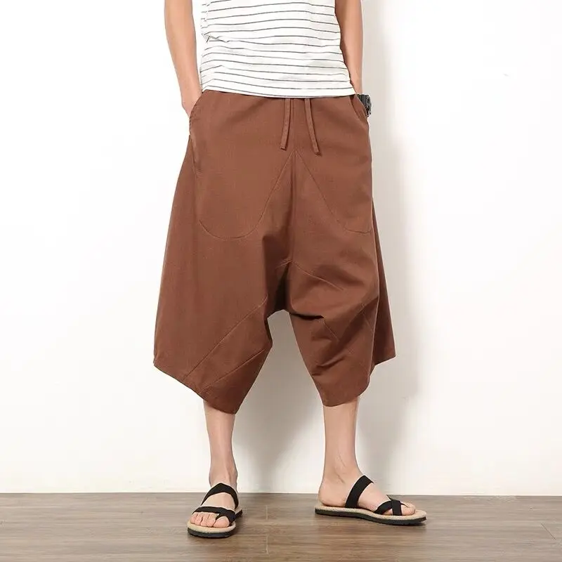 Men Cotton Linen Baggy Wide Leg Pants Men Hanging Crotch Hip Hop Bloomers Pants Men's Calf Length Cross Pants Summer Trousers