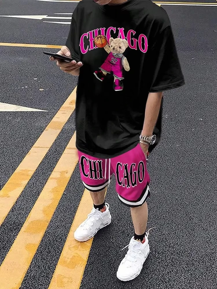 

GELITAYIN Cartoon Bear 3D Printed Men's Round Neck Short Sleeve 2-piece Set Urban Street Trendy Men's Top Outdoor Men's Drawstri