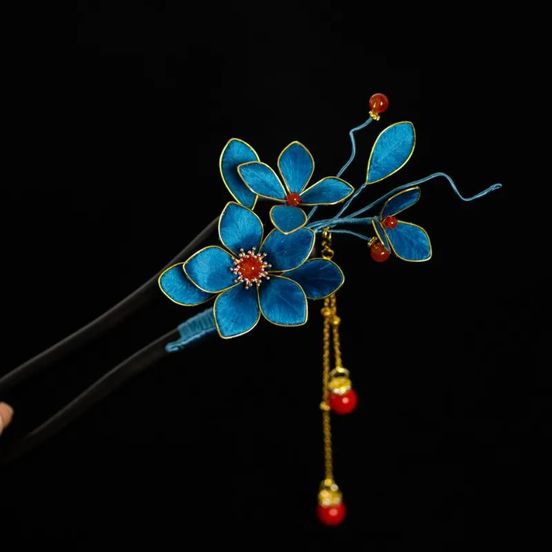

Edelweiss hairpin sandalwood imitation point green hairpin new Chinese silk edelweiss national style headgear retro blue