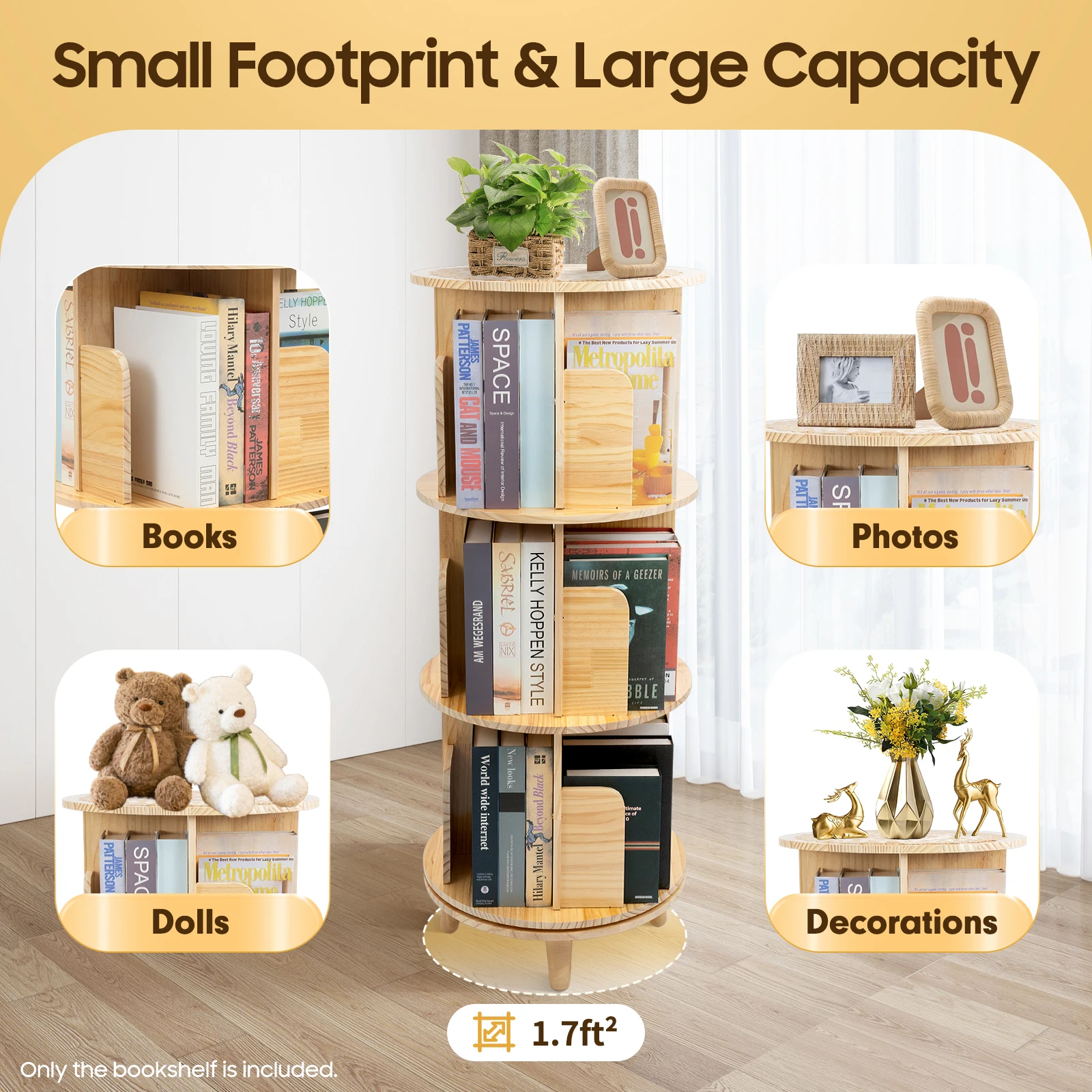 

3-Tier Rotating Bookshelf Organizer Floor Standing Storage Shelf Display Rack