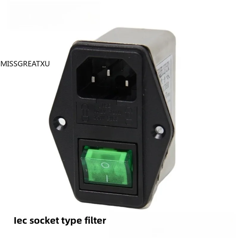 3 in 1 IEC EMI Filter PX2C-3A-T To PX2C-10A-T with C14 Socket Lighted Switch Dual Fuse Overcurrent Protection Power Noise Filter