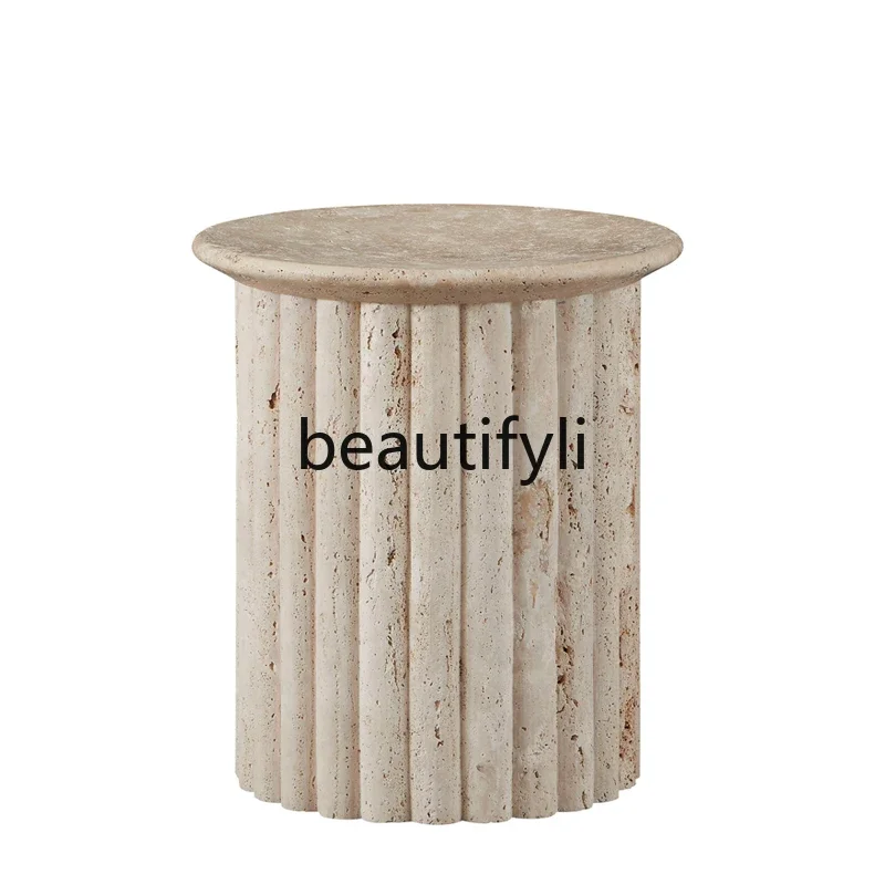 

B6 Nordic wabi-sabi creative round travertine small side table light luxury modern coffee table