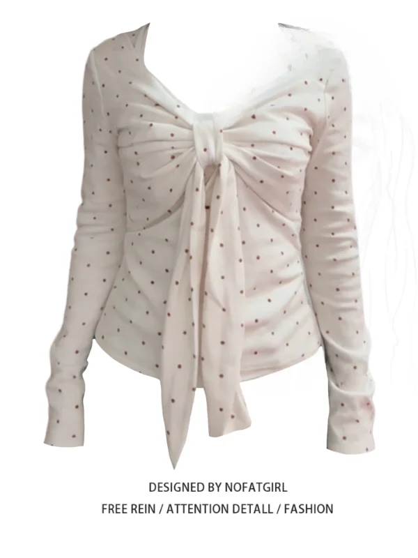 

Женская футболка больших размеров с V-образным вырезом и длинным рукавом в горошек, корейский стиль, для повседневной носки, приталенная, стандартный крой