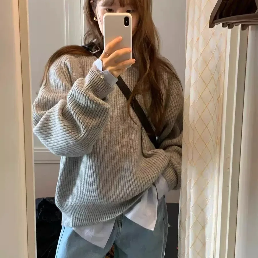 

Унций коврик Мягкий круглый пуловер Ne Свободный вязаный свитер Lazy Sle Long Sve Корейский свободный крой Pure Color Wome...