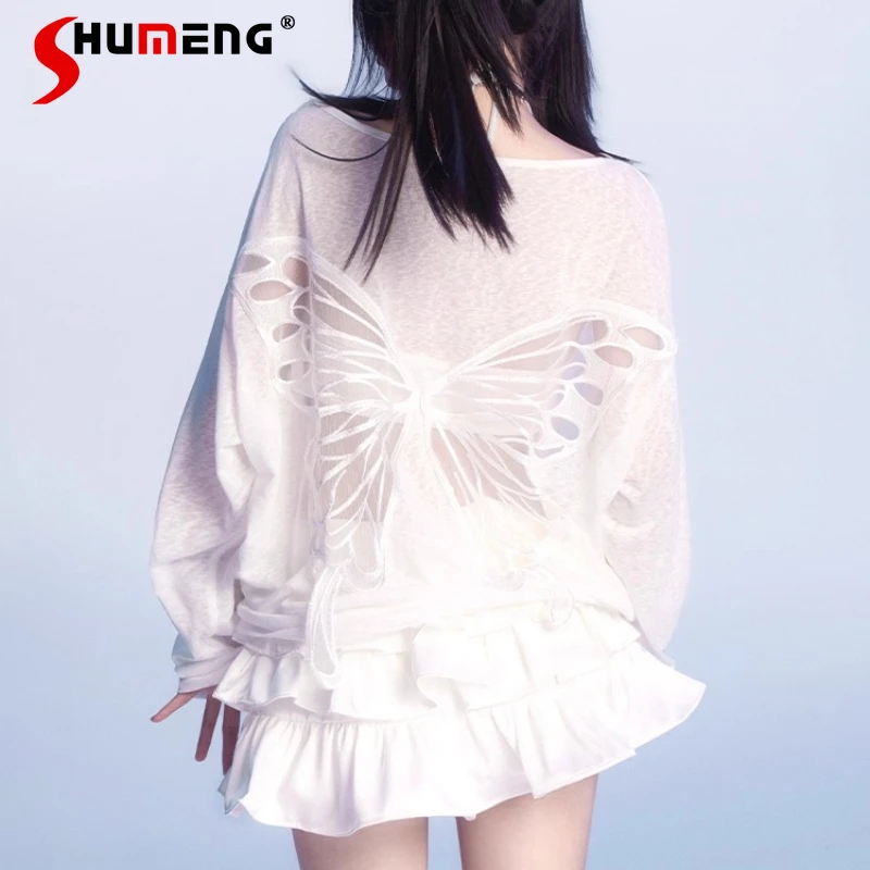 

Полая футболка с длинными рукавами и бабочкой для женщин, осенняя милая и милая блузка с асимметричными плечами Pure Desire, топ, пуловеры