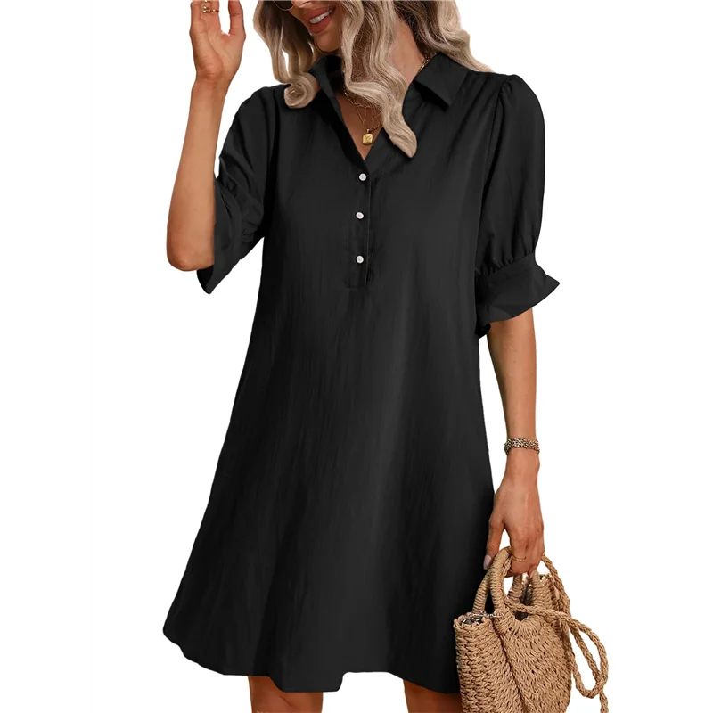 CYL-Womens Casual Shirt Dress Ruffle Sleeve Button Down Shift Summer Dresses With Pockets