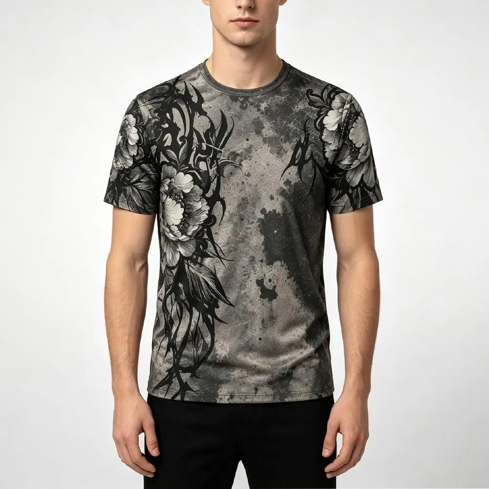 Retro Gothic Peony Thorn Print T-Shirt Distressed Style Gradient Pattern Crew Neck Short Sleeve Tops Men Dark Casual Streetwear