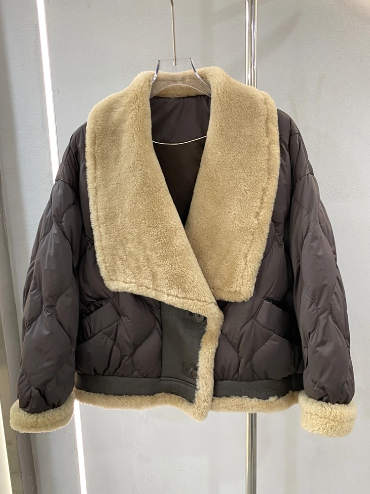 Cappotto invernale da donna caldo piumino d'oca bianco spesso con vera giacca con collo in pelliccia di pecora merino grande femminile Ourdoor Streetwear