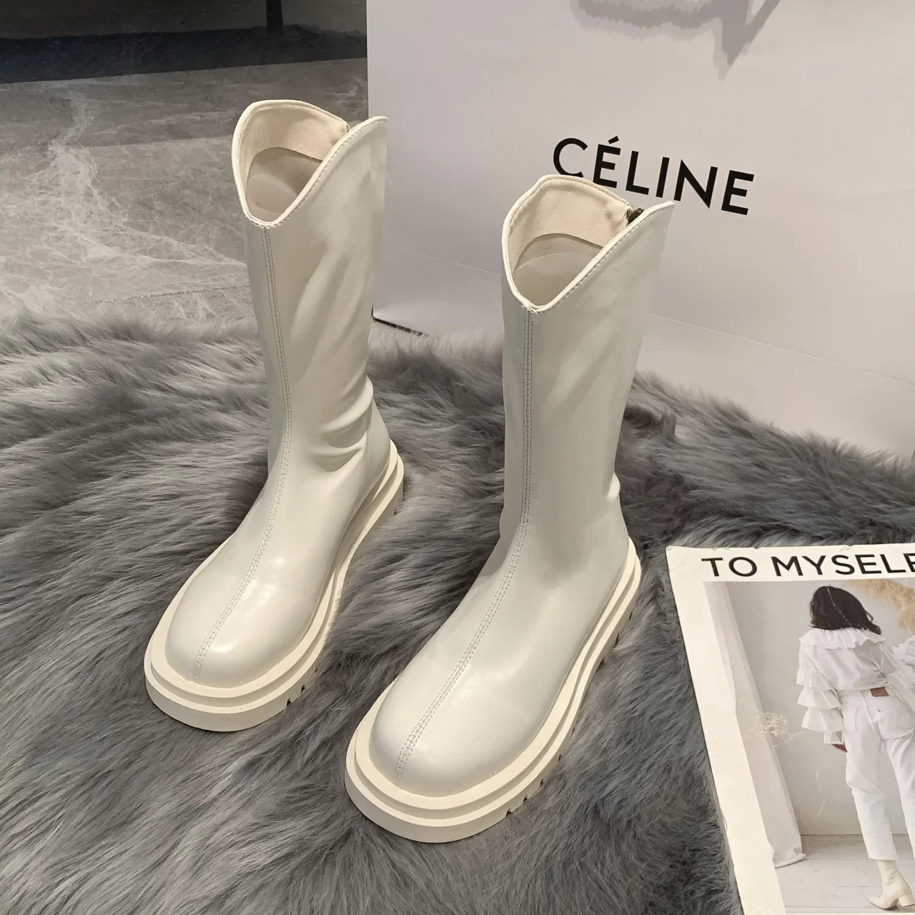 Bottes à plateforme mi-mollet pour femmes, bottes Parker rondes, fermeture éclair, mode féminine, automne, hiver, nouveau, 2023