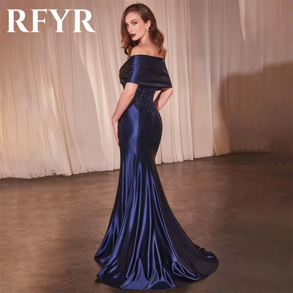 RFYR Black Evening Dresses for Party Satin Off the Shoulder Pleats Long Mermaid Prom Gowns Appliques Celebrity Dress Customized