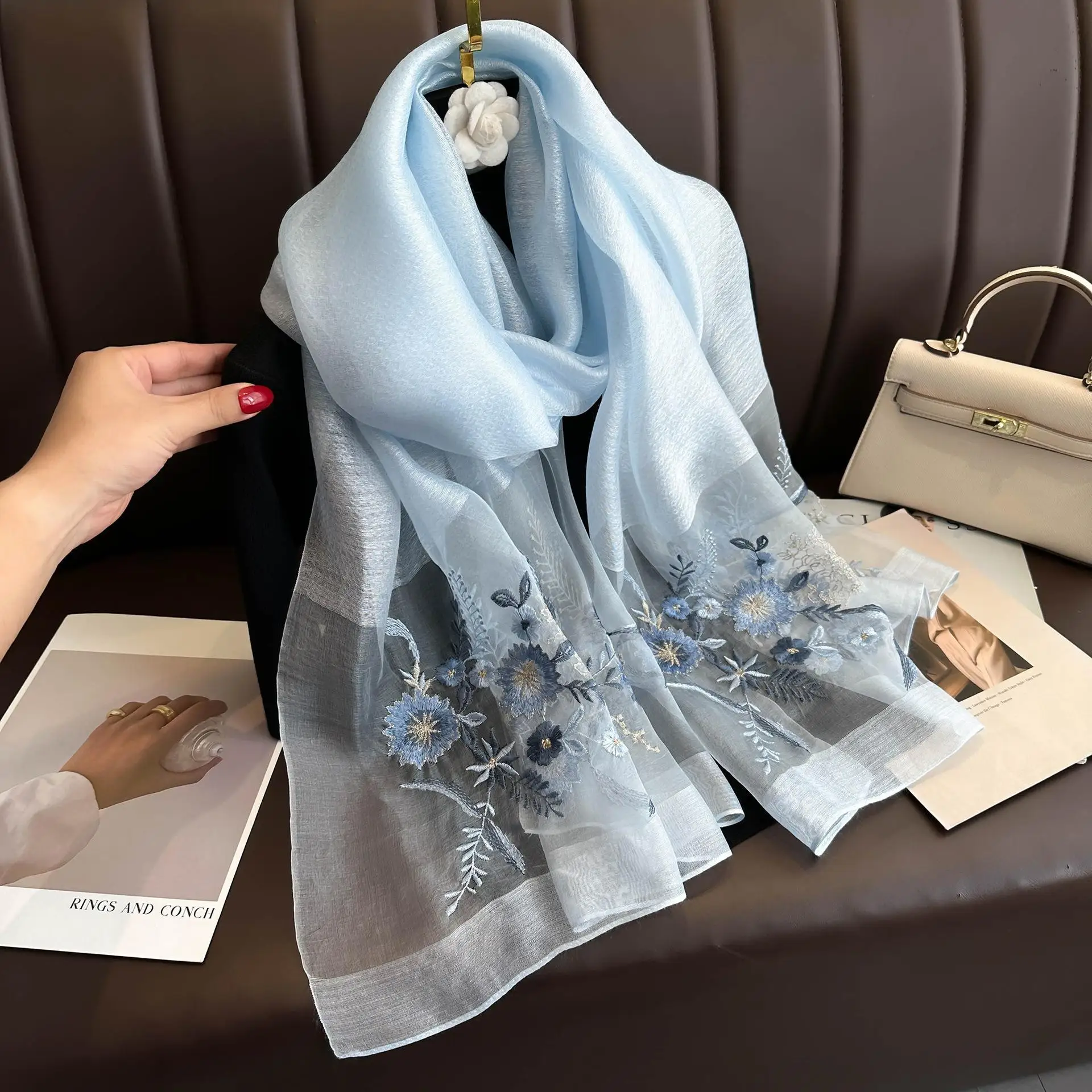 Luxury Brand silk wool Scarf Neckerchief Shawl Wraps Hijab Bandana Women Beach Female Foulard Flower Kerchief Elegant Scarves