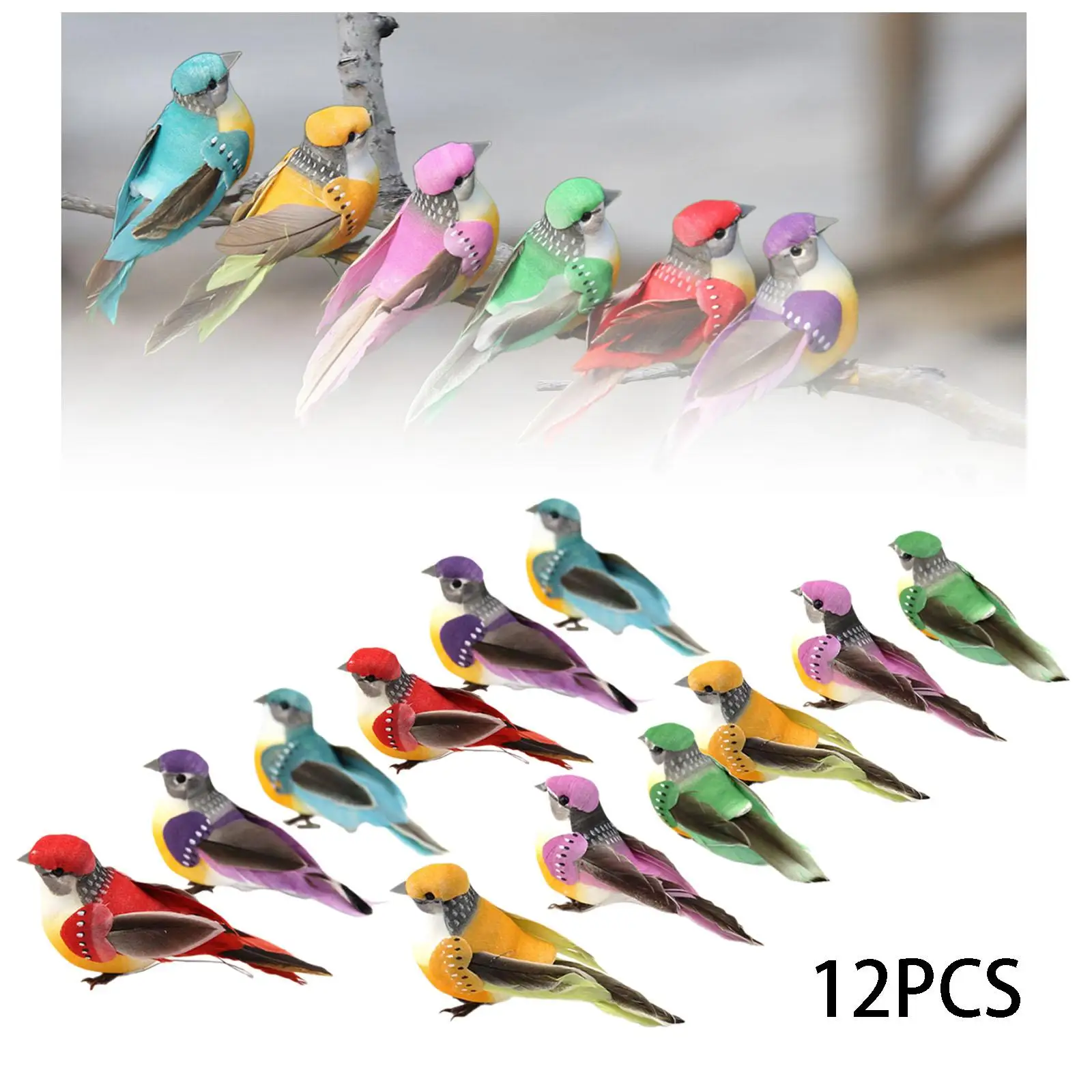 

12Pcs Artificial Garden Bird Figurine Craft Backyard Ornament Bird Toy 10x5cm Handmade Colourful for Photo Props Lightweight