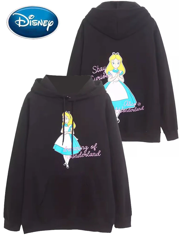 Disney Sweatshirt Alice in Wonderland Princess Cartoon Print Embroidery Fashion Women Hooded Jumper Long Sleeve Fleece Top Femme