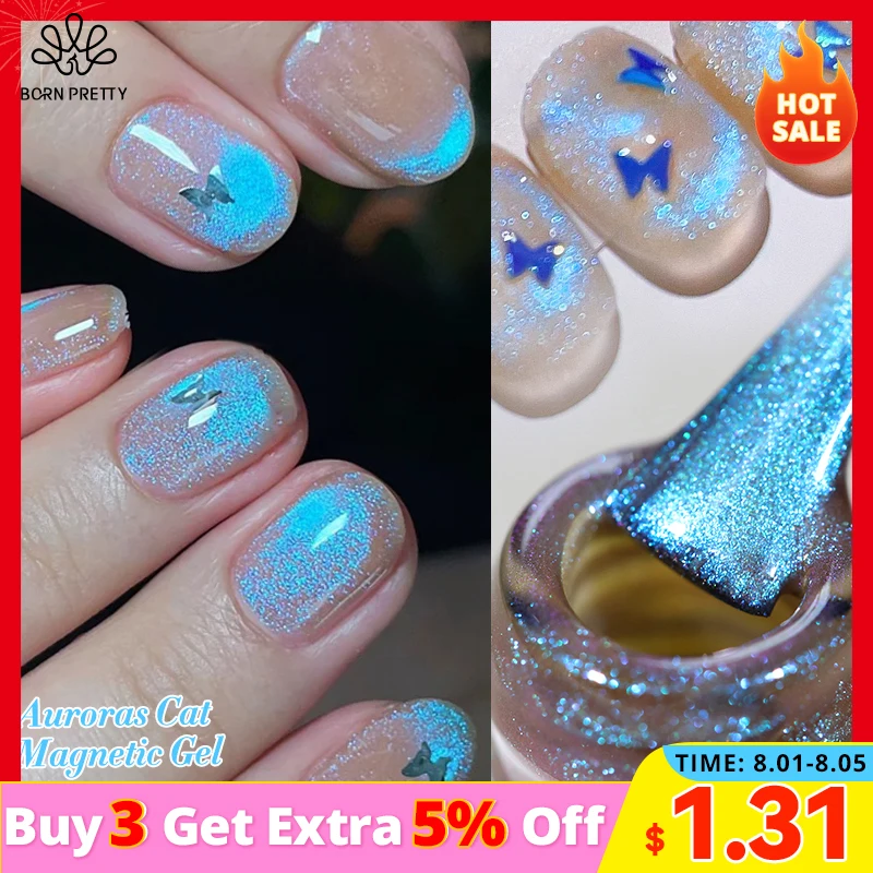 

BORN PRETTY 10ml Auroras Blue Cat Magnetic Gel Nail Polish Shining Glimmer Fairy Crystal Magnetic Gel Polish for Summer Nail DIY