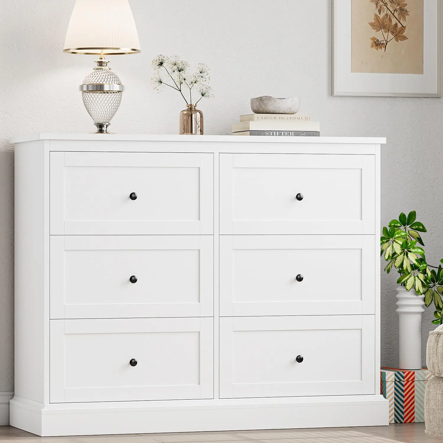 White Dresser, 6 Drawer Dresser White, Modern Double Chest with Deep Drawers, Wide Storage Organizer Cabinet for Living Room Hom