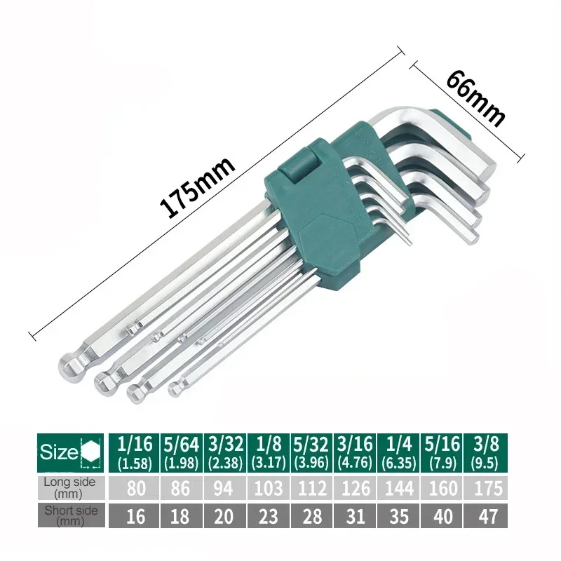 Inch Allen Wrench Set Hex Ball Head Portable Bicycle Repair Hand Tools Screwdriver Tip 1/16 To 3/8 L Shape Short Arm Tool