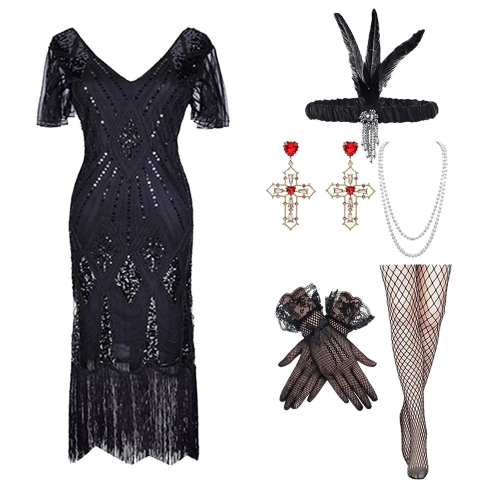 Women's Flapper Dresses 1920s Sequins Art Deco Gatsby Cocktail Dress with Sleeve Sexy V-neck Fringe Fancy Dress Vestidos