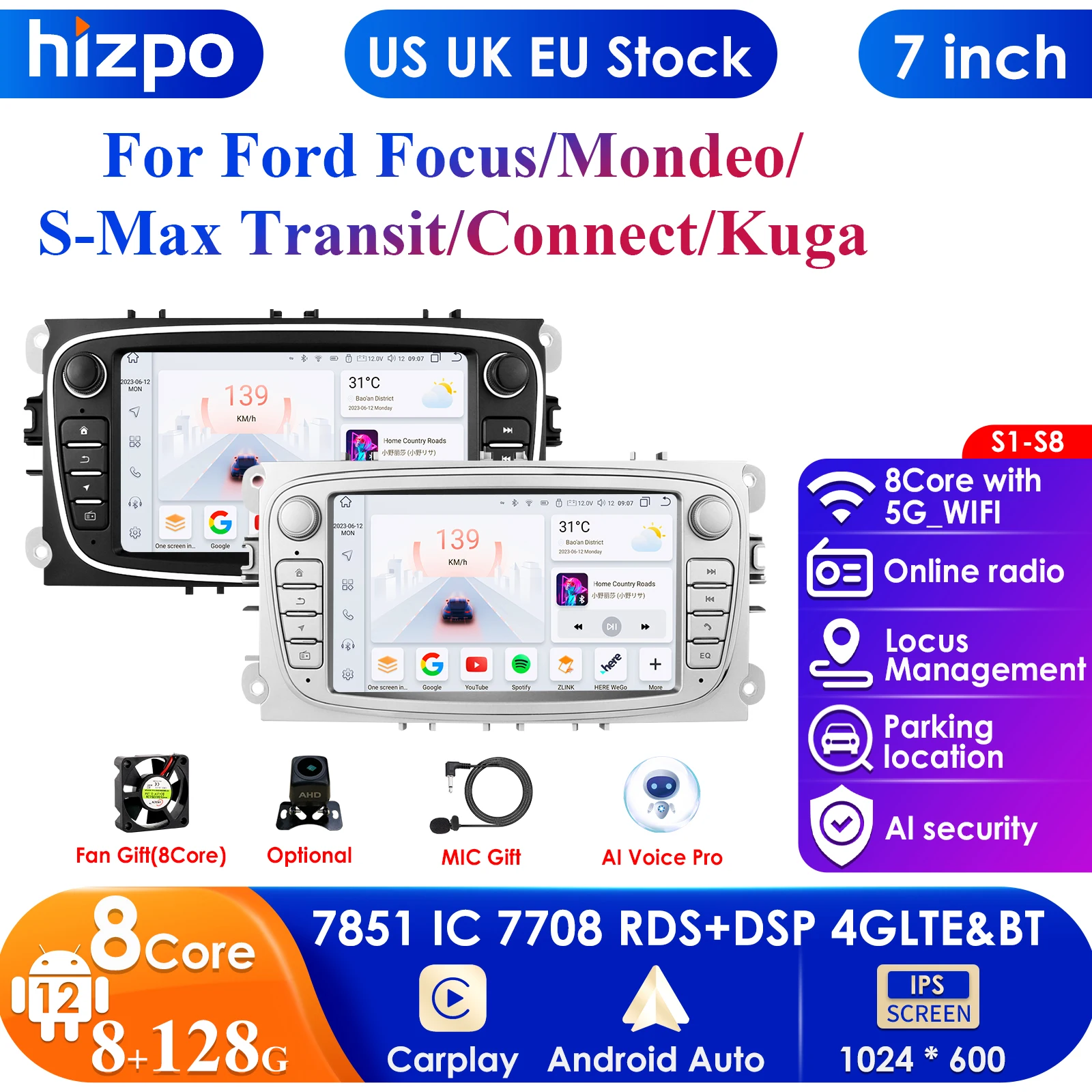 Carplay 4G 2din AutoRadio Android 13 for Ford Focus 2011 Mondeo C-MAX S-MAX Galaxy II Kuga GPS Car Radio Multimedia Video Player