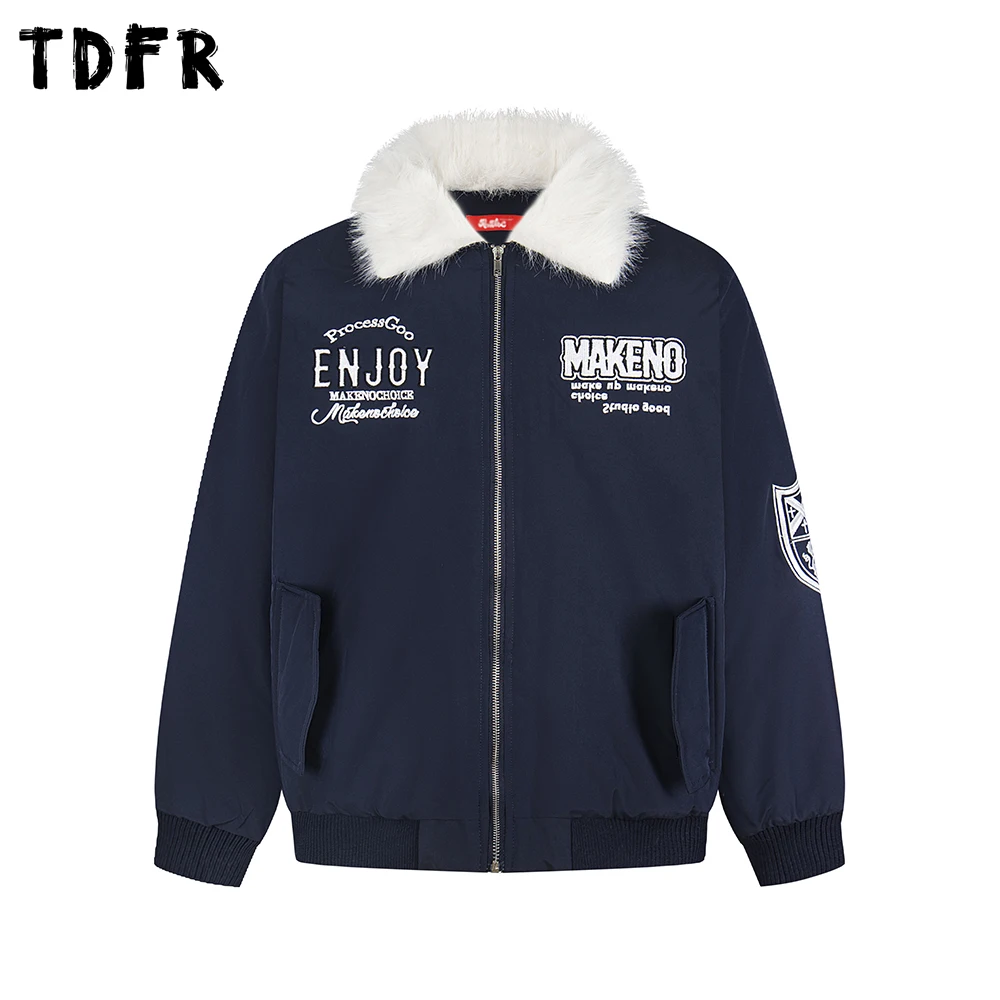 

Letter Embroidery Quilted Jacket Mens Winter Retro Casual Loose Long Sleeve Fur Collar Padded Jacket Man