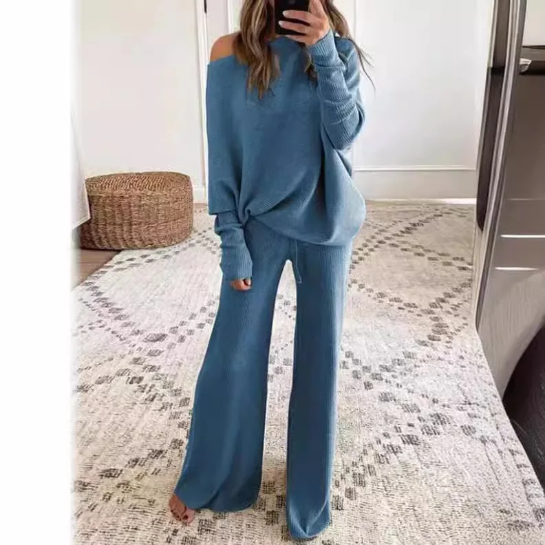 Casual Women 2Pcs Set  Autumn Sexy One Shoulder Blouses Wide Leg Pants Two-Piece Suit Women Tracksuits Comfortable Home Outfit